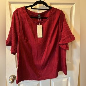 Emery Rose 1XL Red Women's Textured Ruffled Short Sleeve Top Blouse NWT